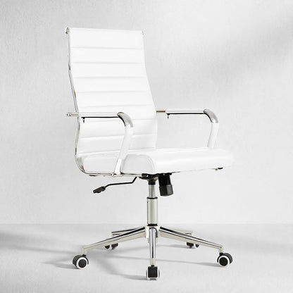 Okeysen White Office Desk Chair, Ergonomic Leather Modern Conference Room Chairs, Executive Ribbed Height Adjustable Swivel Rolling Chair for Home Office.