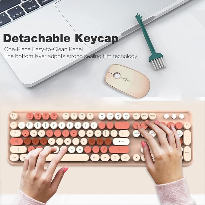 Beige Wireless Keyboard and Mouse Combo, Cute Aesthetic Typewriter Keyboard with Round Keys, 2.4Ghz Retro Bubble Full Size Wireless Keyboard with Number Pad for Long Nails PC Laptop