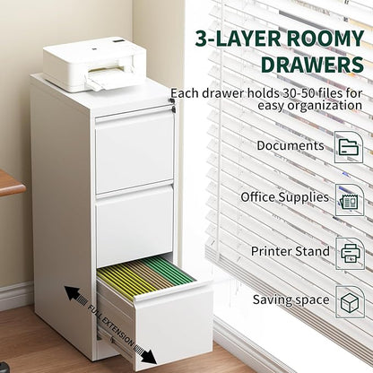 3 Drawer File Cabinet with Lock, Vertical File Cabinet with Lock, Locking File Cabinet Hanging Files for A4/ Legal/Letter,White