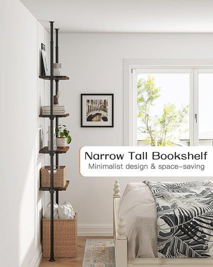 ALLZONE Adjustable Tall Narrow Bookshelf, 4-Tier Floor-to-Ceiling Tension Mount Ladder Book Shelf with Storage for Versatile Uses, Fits 64-113 Inch Ceilings, 20.28-Inch Wide Wood Shelves, Rustic Brown