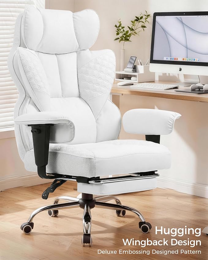 COMHOMA Big and Tall Office Chair Heavy Duty Gaming Chair with Deluxe Embossing Leather High Back Wider Ergonomic Computer Chair with Foot Rest 150°Reclining Pocket Spring Lumbar Support