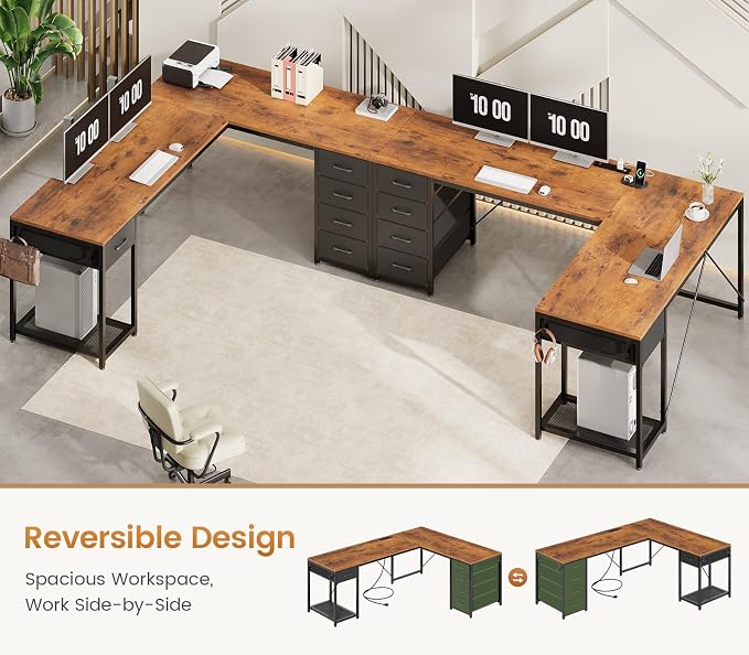 57" L Shaped Desk with 5 Drawers, Reversible Computer Corner Desk with Storage & Power Strip for Home Office, 78.7" Long 2 Person Desk, Rustic Brown