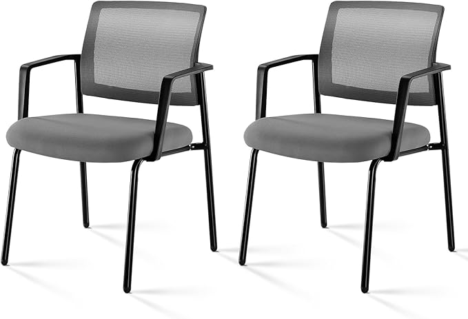 Mesh Back Stacking Arm Chairs, Office Reception Guest Chair with Upholstered Fabric Seat and Ergonomic Lumber Support, Sturdy Metal Office Chairs, Grey-2pack