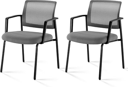 Mesh Back Stacking Arm Chairs, Office Reception Guest Chair with Upholstered Fabric Seat and Ergonomic Lumber Support, Sturdy Metal Office Chairs, Grey-2pack