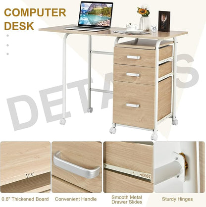 Tangkula Folding Computer Desk with 3 Storage Drawers, Mobile Home Office Desk Study Writing Desk with Smooth Wheels, Space Saving Compact Desk for Dorm Apartment, Rolling Folding Desk Table