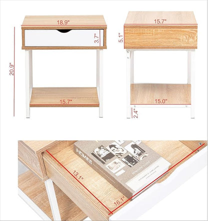 JJS Side End Table, Nightstand, Bedside Table with Drawer and Storage Shelves, Sofa Table for Living Room, Bedroom, Accent Furniture, Easy Assembly, Oak/White