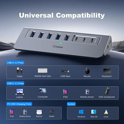 Powered USB Hub 10Gbps, Intpw YH6AC Plus 10 Port USB 3.2 Hub(USB A/USB C 3.2+3 USB-A 3.0+2 PD 45W Fast Charging Port+SD/TF Card Reader), 65W Power Adapter,Aluminum USB HUB for PC,Laptop,iPhone 17/16