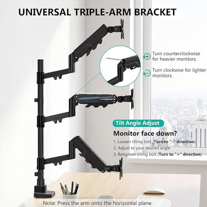 WALI Triple Monitor Mount for up to 49 inch Ultrawides on Top Bracket and 34 inch Screens on Side Brackets, Tall Triple Monitor Stand for Desk, Heavy Duty Monitor Arm up to 33 lbs (GSDM003XLN), Black