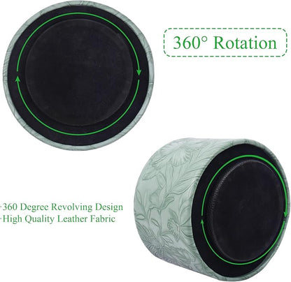 Round Leather Art Supply Organizer,Remote Control Holder,360 Degree Spinning,Multi-Functional Pencil Holder,4 Compartments Desktop Stationary Organizer(1-Carved Dark Green)