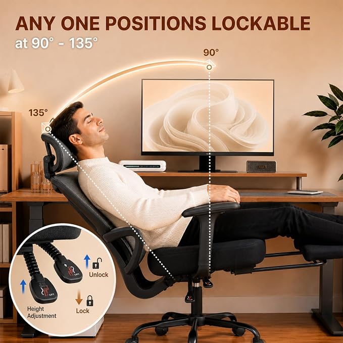 Ergonomic Office Chair with Footrest - High Mesh Back Computer Desk Chair | with Back Support, 135° Reclining, 4D Armrest & Headrest, 400lbs Thickened Seat Cushion, for Home Office, Work & Gaming