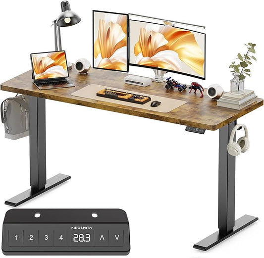 WALKINGDESK 55x24 Inches Height Adjustable Electric Standing Desk with 2 Hooks for Home Office, Ergonomic Sit Stand up Desk with Splice Board, Rustic Brown