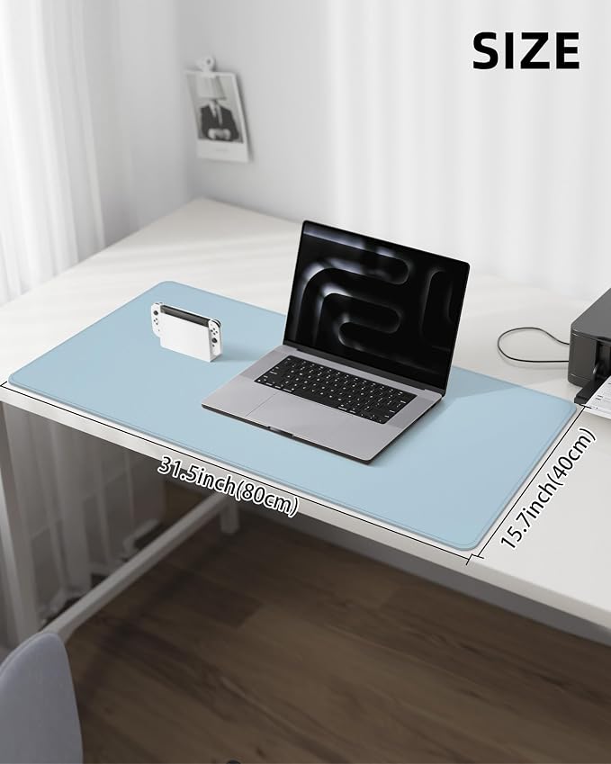 Leather Desk Pad Protector, Mouse Pad, Office Desk Mat, Non-Slip PU Leather Desk Blotter, Laptop Desk Pad, Waterproof Desk Writing Pad for Office and Home (Light Blue, 31.5" x 15.7")