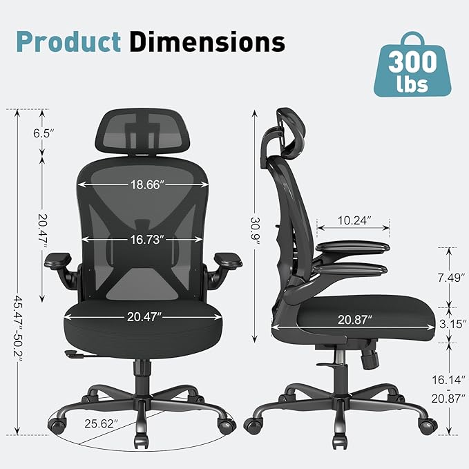 Ergonomic Office Chair with Adjustable Lumbar Support and Headrest, 300 lbs Swivel Desk Chair with Flip-Up Arms, Mesh Comfy Padded Seat for Computer and Home, Black