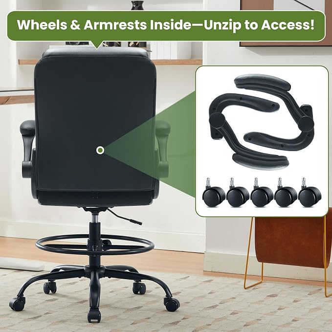 Drafting Chair Tall Office Chair for Standing Desk, Ergonomic Tall Desk Chair with Adjustable Foot Ring, Flip-Up Armrests, Lumbar Support, Comfortable Leather Seat – Ideal for Home and Office Use