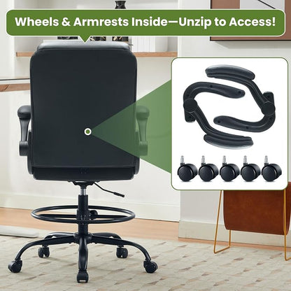 Drafting Chair Tall Office Chair for Standing Desk, Ergonomic Tall Desk Chair with Adjustable Foot Ring, Flip-Up Armrests, Lumbar Support, Comfortable Leather Seat – Ideal for Home and Office Use