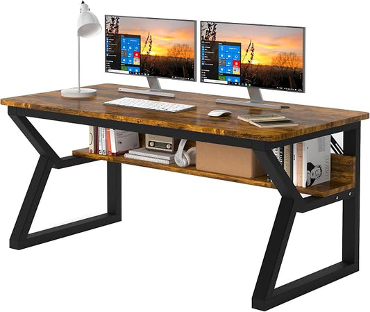 55 inch Computer Desk with Storage Shelf, K-Shaped Office Desk with Sturdy Metal Frame, Writing Gaming Work Desk with Waterproof Surface for Home Office & Bedroom, Rustic Brown