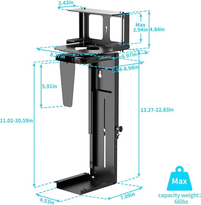 Pholiten Under Desk CPU Mount, Universal Desk Leg CPU Mount, 3.94 to 11.61 Inch Wide Computer Case CPU Hanger Holder, Table Beam CPU Mount Bracket Computer Tower Wall and Under Counter Holder