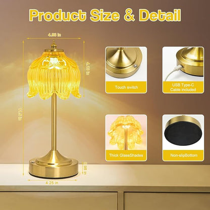 Cordless Lotus Flower Table Lamp, 5200mAh Rechargeable Battery Operated Portable Lamp, 3-Color Dimmable Touch Control Small Desk Lamp for Bedroom, Office, Kitchen, Nightstand,Room Decor (Yellow)