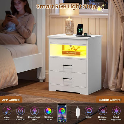 DICTAC Nightstand Set of 2 with Charging Station and LED Lights, Bedside Table with Lockable Sliding Desktop, Modern Night Stand with Storage Drawers and Open Shelf, End Table for Bedroom, Home Office