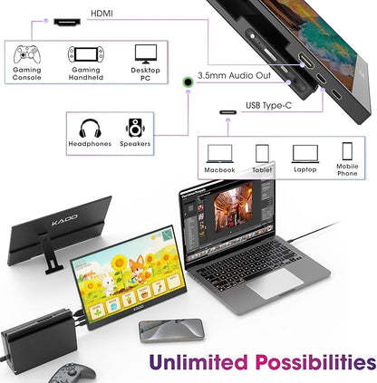 Kado 15.6" FHD Portable Monitor for Laptop 1080p Second Display IPS | 45W Reverse Charging HDMI USB-C, 1920x1080 Laptop Screen Extender, Kickstand for PC, Mac, Dex, Tablet, Xbox, PS4/PS5, Switch