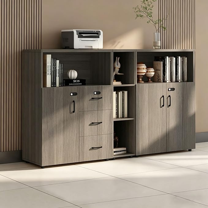 File Cabinet with Password Lock, Wood Lateral Filing Cabinet for Letter/A4 Files, 3 Drawer with Door, Printer Stand with Open Shelves for Home Office