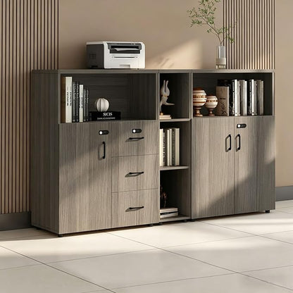 File Cabinet with Password Lock, Wood Lateral Filing Cabinet for Letter/A4 Files, 3 Drawer with Door, Printer Stand with Open Shelves for Home Office