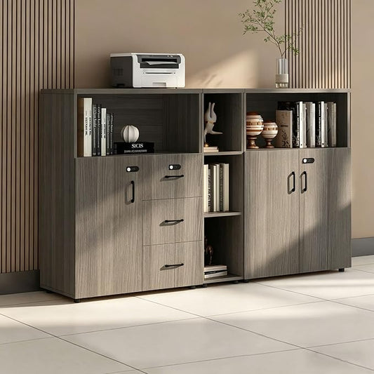 File Cabinet with Password Lock, Wood Lateral Filing Cabinet for Letter/A4 Files, 3 Drawer with Door, Printer Stand with Open Shelves for Home Office