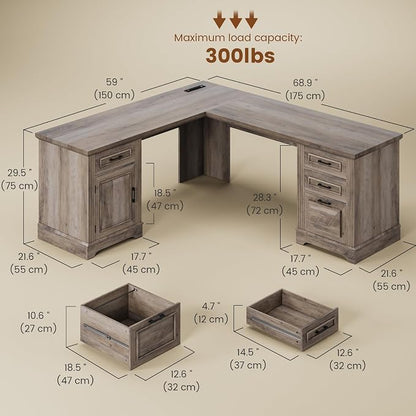Itaar Farmhouse L Shaped Desk, Executive Computer Desk with Drawers and Storage Cabinet, Home Office Desk with File Drawer and Power Outlet, Corner Desk, Workstation for Office Home, Grey