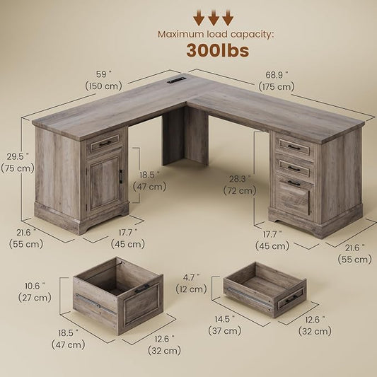 Itaar Farmhouse L Shaped Desk, Executive Computer Desk with Drawers and Storage Cabinet, Home Office Desk with File Drawer and Power Outlet, Corner Desk, Workstation for Office Home, Grey