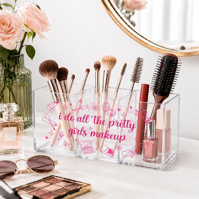 3 Compartment Acrylic Makeup Organizer Box, “I Do All The Pretty Girls Makeup” Pink Cosmetic Storage, Cute Desk Organizer for Brushes, Lipstick, Beauty Tools, Office Gifts for Coworker Women