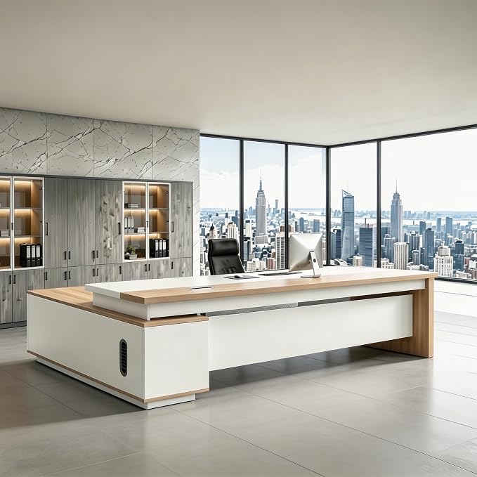 L Shaped Executive Desk with Drawers, Modern Large Wood Home Office Desk, Computer Desk with Storage for Boss Office Workstation