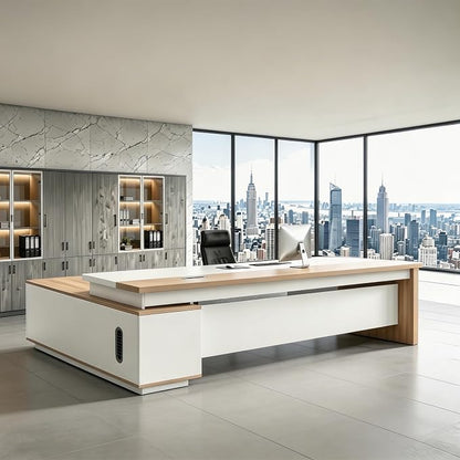 L Shaped Executive Desk with Drawers, Modern Large Wood Home Office Desk, Computer Desk with Storage for Boss Office Workstation