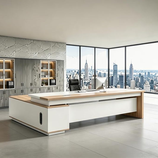 L Shaped Executive Desk with Drawers, Modern Large Wood Home Office Desk, Computer Desk with Storage for Boss Office Workstation