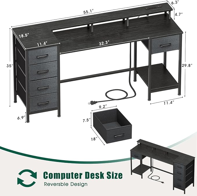 Korfile 55 Inch Computer Gaming Desk with Power Outlets LED Lights Reversible Home Office with Adjustable Fabric Storage Drawers for Working Writing Study, Black