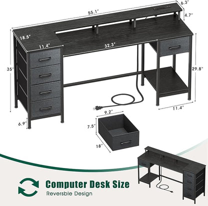 Korfile 55 Inch Computer Gaming Desk with Power Outlets LED Lights Reversible Home Office with Adjustable Fabric Storage Drawers for Working Writing Study, Black