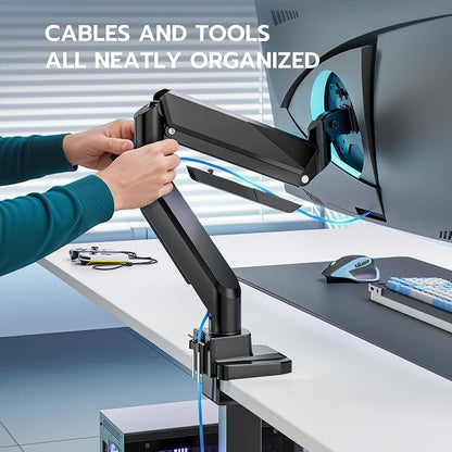 ARES WING Ultrawide Monitor Arm, Heavy Duty Single Monitor Mount for 13"-49" Curved Screens with USB, Adjustable Stand for Desk with C-clamp & Grommet Base up to 40 LBS, Black