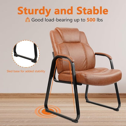 CLATINA Big Tall 500 LBS Wide Guest Chair Heavy Duty, Leather Side Reception Chairs with Sled Base and Armrest, Executive Office Desk Chair No Wheels for Meeting Conference Waiting Room Home, Brown