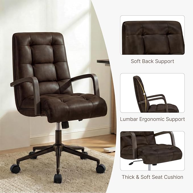 KISLOT Home Office Desk Chair, Ergonomic Office Chair with Square-Patterned Leather Upholstery, Adjustable Swivel Computer Chair with Wood Arms & Wheels, Soft-Rounded Front Edge, Espresso, Set of 2