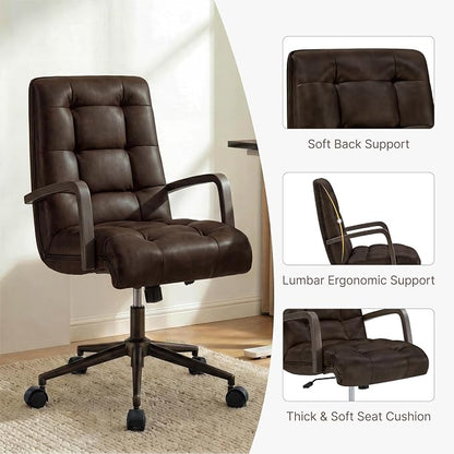 KISLOT Home Office Desk Chair, Ergonomic Office Chair with Square-Patterned Leather Upholstery, Adjustable Swivel Computer Chair with Wood Arms & Wheels, Soft-Rounded Front Edge, Espresso, Set of 2