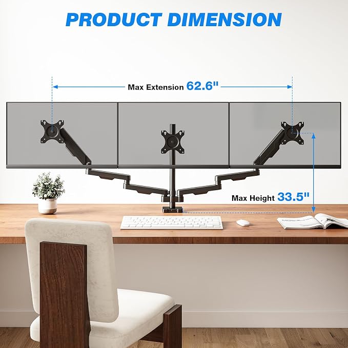 Triple Monitor Desk Mount Stand for 17"-32" Screens, Extra Tall & Long Desk Mount Hold up to 19.8lbs Each, Three Display Arm for Working Gaming with Tilt Swivel Rotation, VESA 75/100mm