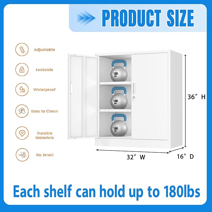 BESFUR Metal Storage Cabinet with Lock and 2 Adjustable Shelves, 36" H Lockable Storage Cabinet for Home, Office, Garage, Utility Room and Basement(White)