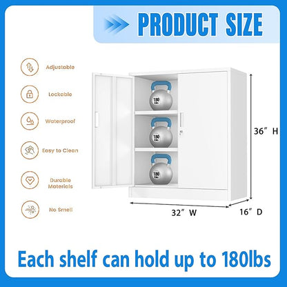 BESFUR Metal Storage Cabinet with Lock and 2 Adjustable Shelves, 36" H Lockable Storage Cabinet for Home, Office, Garage, Utility Room and Basement(White)