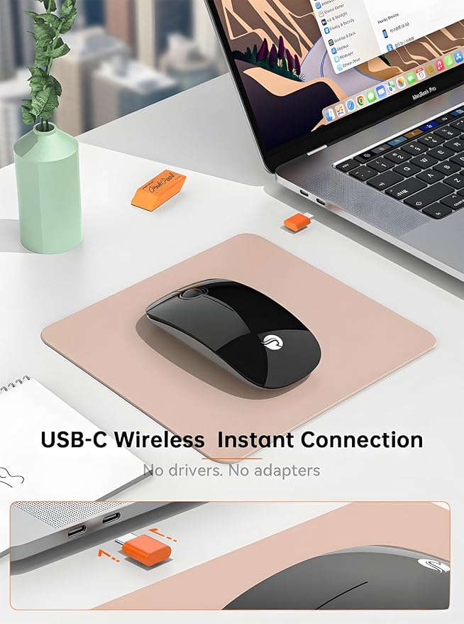 RAPIQUE R306C USB C Wireless Mouse for MacBook, Type-C 2.4GHz Portable Computer Mouse with USB-C Receiver, Silent Click, Slim Cordless Mouse, 3-Speed DPI, for iPad, Chromebook, Laptop, MacOS - Black