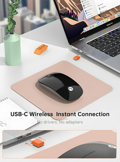 RAPIQUE R306C USB C Wireless Mouse for MacBook, Type-C 2.4GHz Portable Computer Mouse with USB-C Receiver, Silent Click, Slim Cordless Mouse, 3-Speed DPI, for iPad, Chromebook, Laptop, MacOS - Black