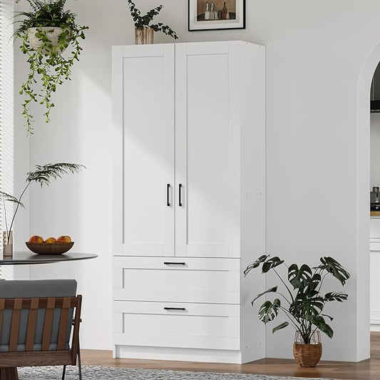 White Tall Kitchen Pantry Cabinet Organizers and Storage with Doors and Drawer and Adjustable Shelves，Wood Large Gabinetes Para Cocina Office Bookshelf for Laundry Room Cabinets (31.5”W*15.7”D*71”H)