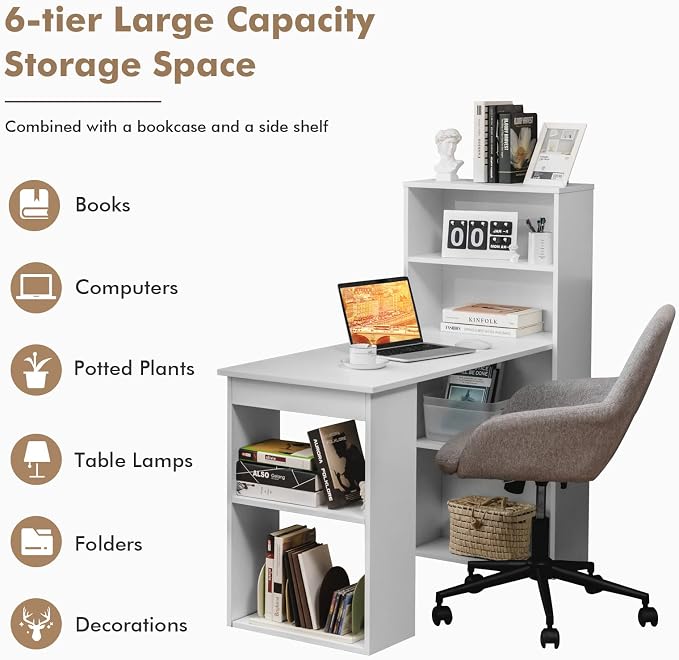 COSTWAY White Computer Desk with Shelves, 48” Study Writing Desk with 6-Tier Storage Shelves, Reversible Study Workstation w/Wide Base for Home, Office & Dorm, Easy Assembly