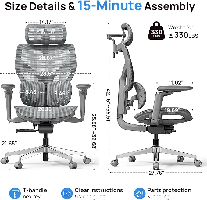 Ergonomic Office Chair with Adaptive Dual-Wing Lumbar Support - Over 10 Hours Sitting Comfortable Mesh Big and Tall Home Desk Chair, 4D Headrest, 630° Armrst, Seat Depth Adjustable