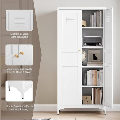 Yizosh Metal Storage Cabinet with 2 Doors and 4 Adjustable Shelves - 61" White Kitchen Pantry Storage 5-Tier Tall Steel Cabinets Locker for Kitchen, Living Room, Dining Room
