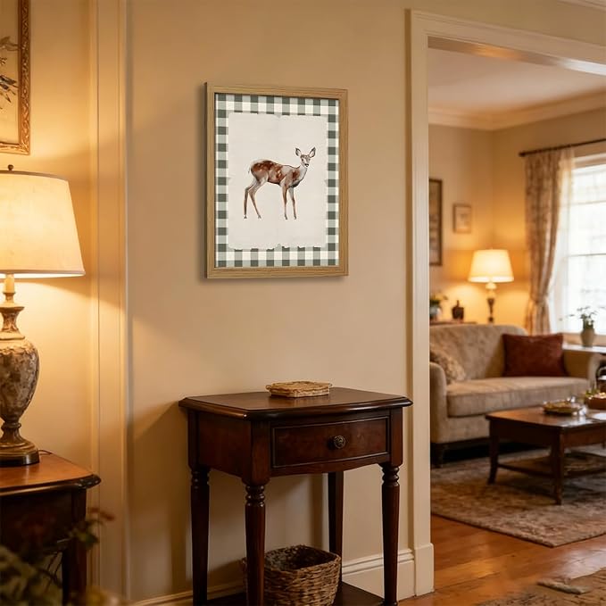 CXQILVER Vintage Framed Deer Wall Art Canvas Painting, Woodland Fawn Prints Wall Decor, Green Gingham Rustic Farmhouse Animal Artwork Pictures for Living Room Bedroom Bathroom Nursery Decor 16x24 Inch