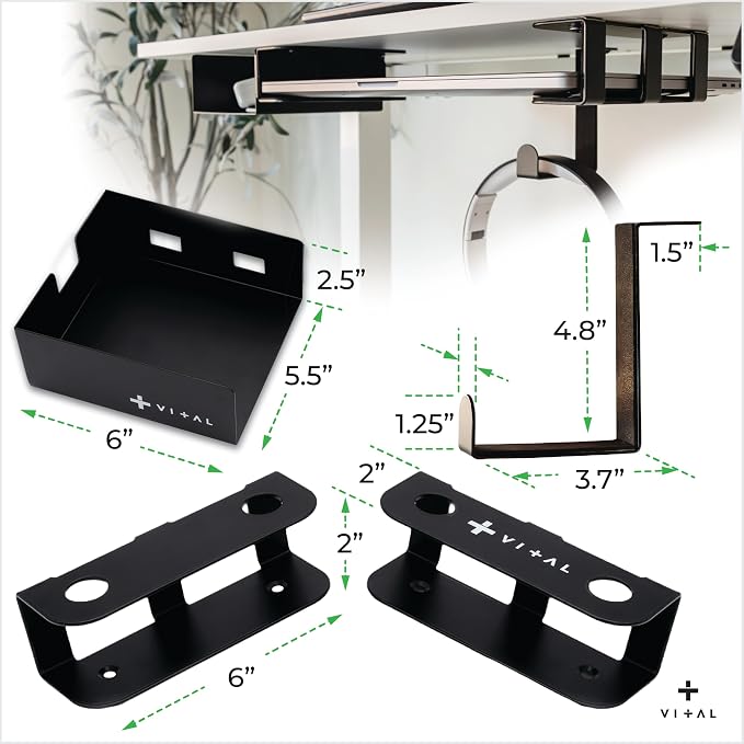 VI+AL Under Desk Laptop Mount - Hidden Metal Shelf with Side Storage, Hook & Cable Organizer - Installs with Tape & Screws - Fits Devices up to 1.7" Thick - Deluxe + LED (USB Light Strip & Remote)